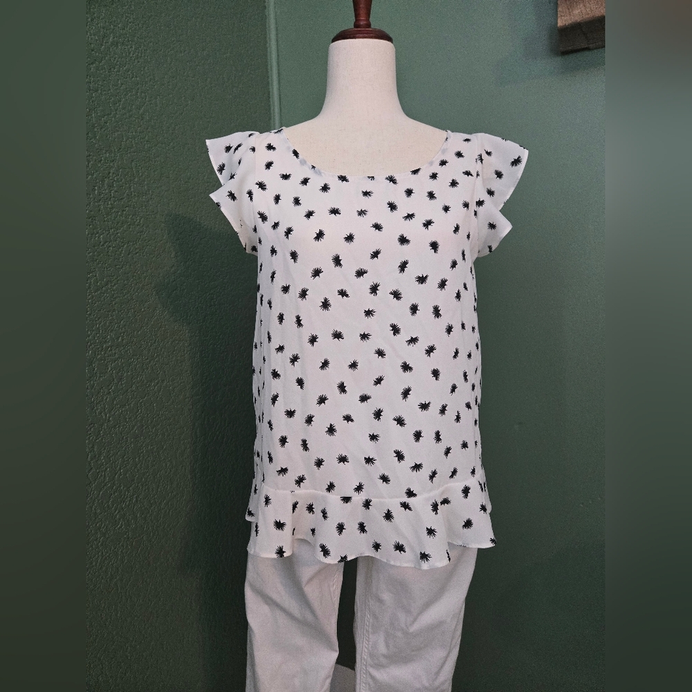 LOFT White and Black Dandelion Floral Top